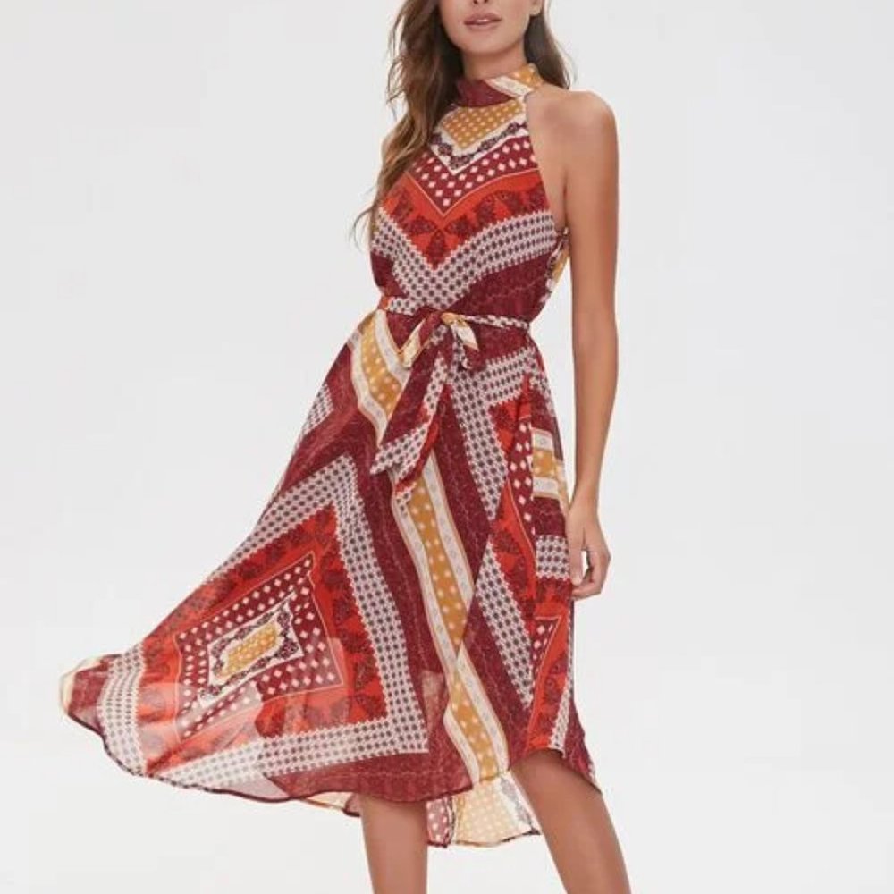 NWT High Neck Tie Waist Asymmetrical Pattern Dress - Picture 1 of 4